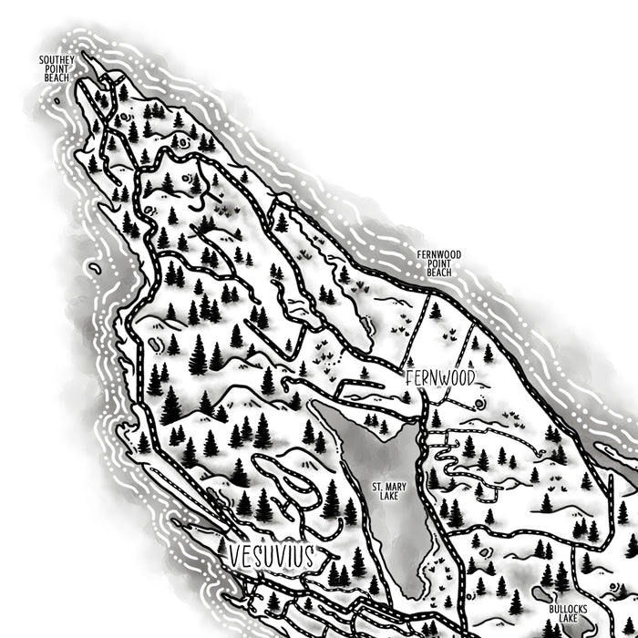 Black and white topographic map of a mountainous area with labeled features