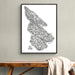Framed black and white map of Salt Spring Island on a wall above a wooden bench.