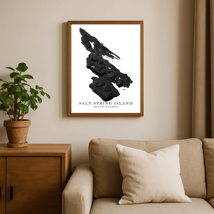 Framed map of Salt Spring Island on a wall above a sofa with a plant beside it.