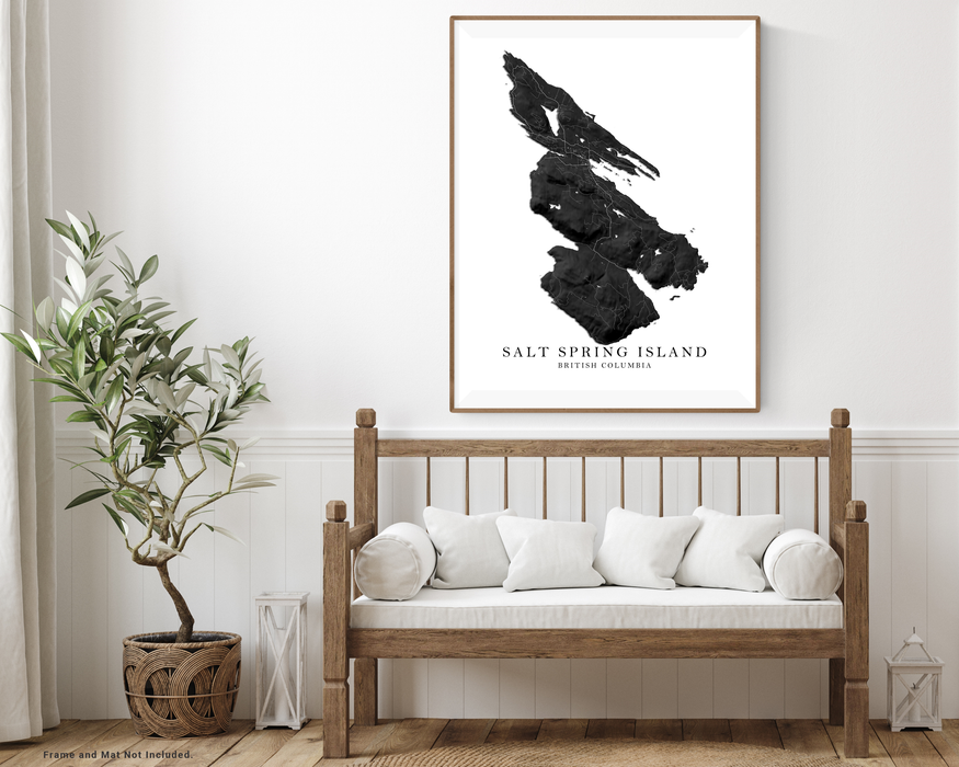 Salt Spring Island BC Canada map print with a black and white topographic landscape design by Maps As Art.