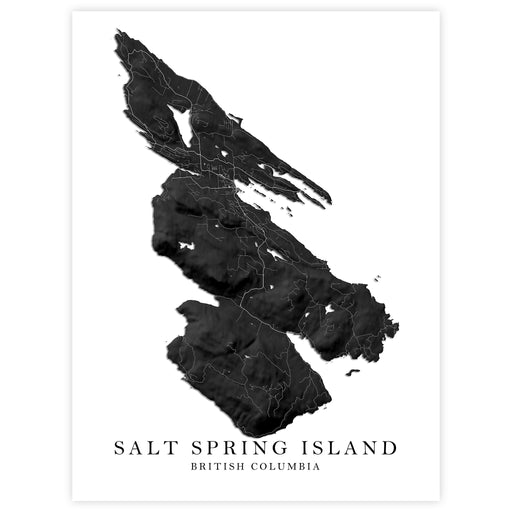 Map of Salt Spring Island, British Columbia in black on a white background