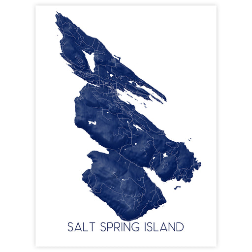Map of Salt Spring Island in navy blue on a white background