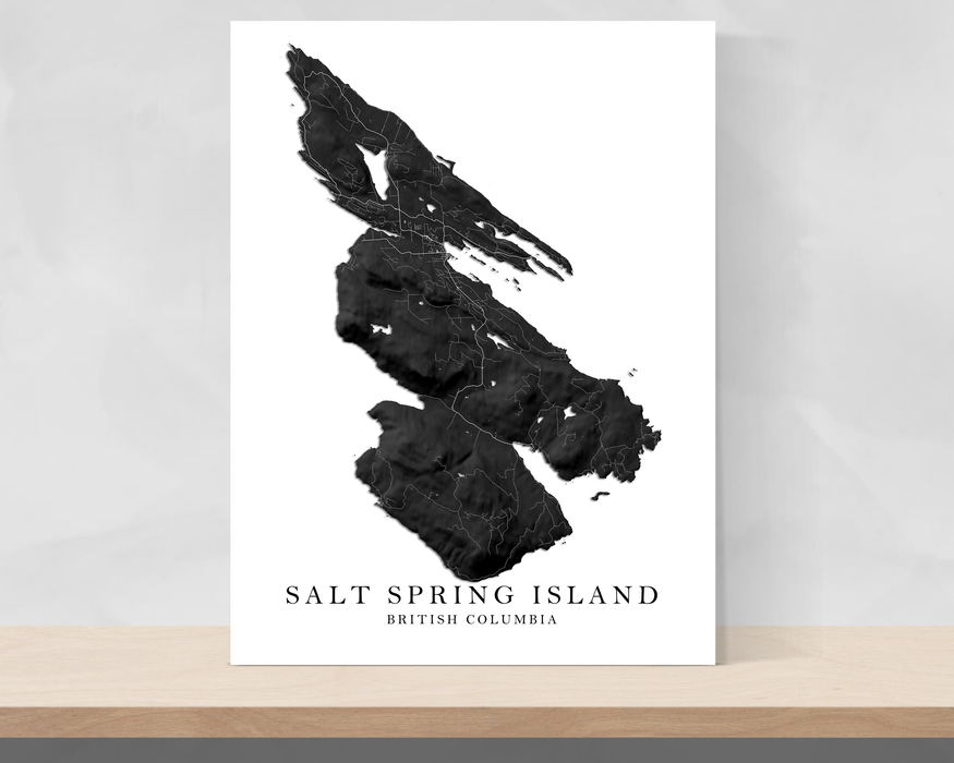 Salt Spring Island BC Canada map print with a black and white topographic landscape design by Maps As Art.