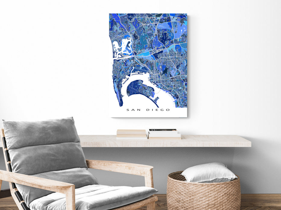 San Diego, California map art print in blue shapes designed by Maps As Art.