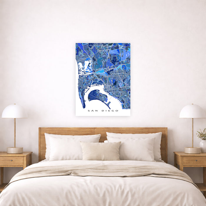 Bedroom with a map of San Diego on the wall