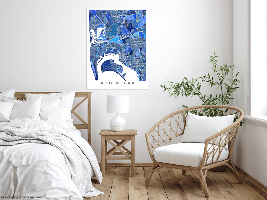 San Diego, California map art print in blue shapes designed by Maps As Art.