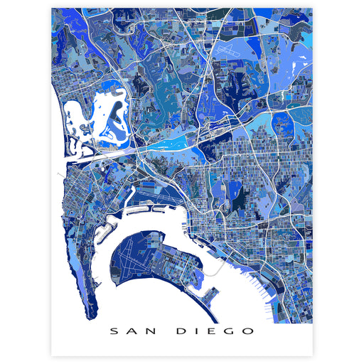 Map of San Diego in blue tones on a white background