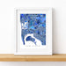 Framed map of San Diego with a blue color scheme on a white background