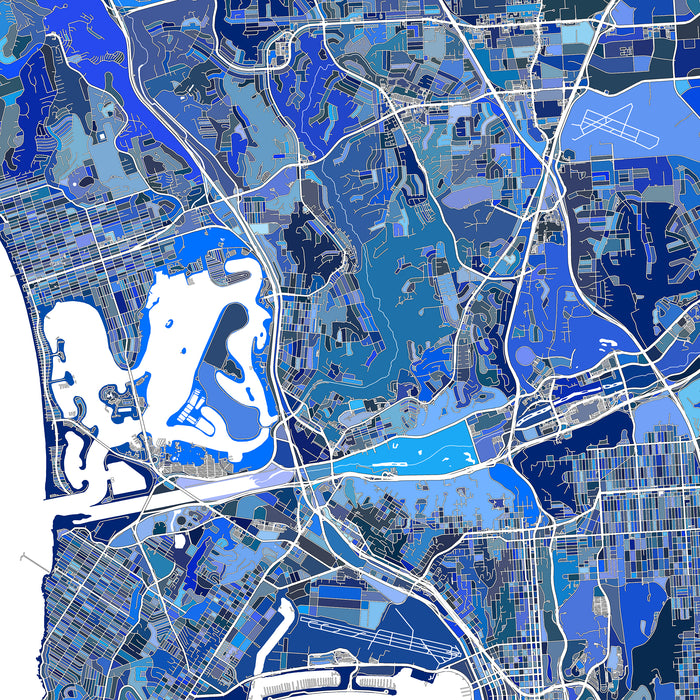 Map of a city with blue and white colors