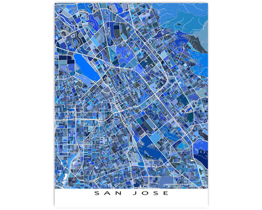 San Jose, California map art print in blue shapes designed by Maps As Art.