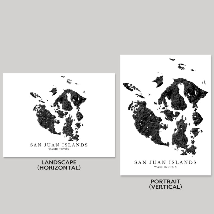 Two map prints of the San Juan Islands, one landscape and one portrait, on a gray background.