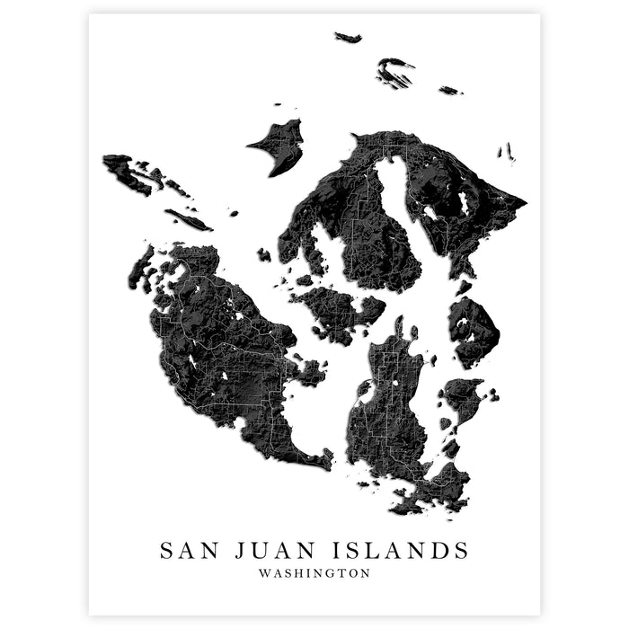 Map of the San Juan Islands, Washington in blue on a white background