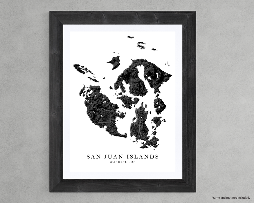 San Juan Islands Washington map print with a black and white landscape design by Maps As Art.