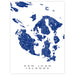 Map of San Juan Islands in blue on a white background