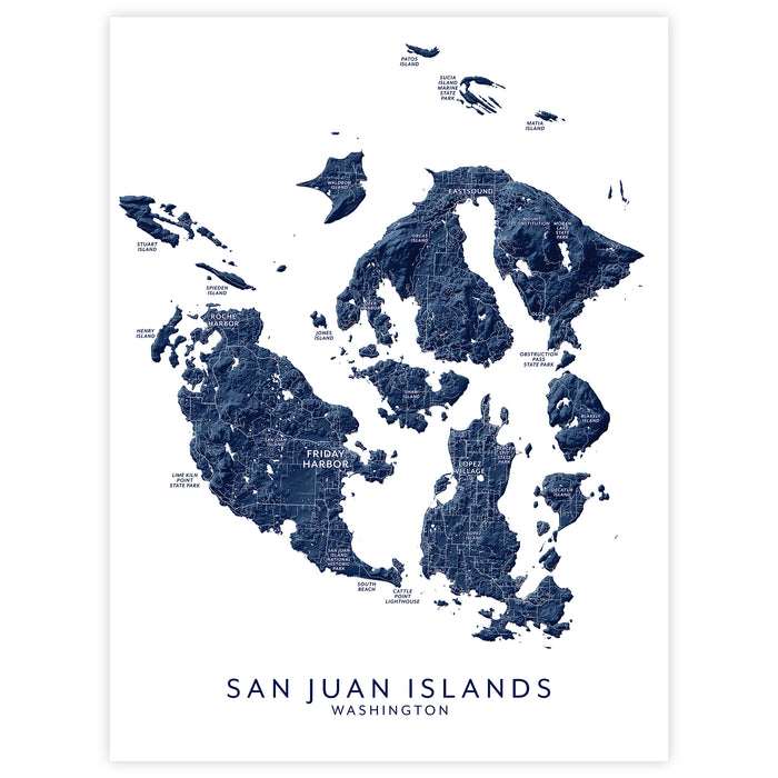 Map of the San Juan Islands, Washington on a white background
