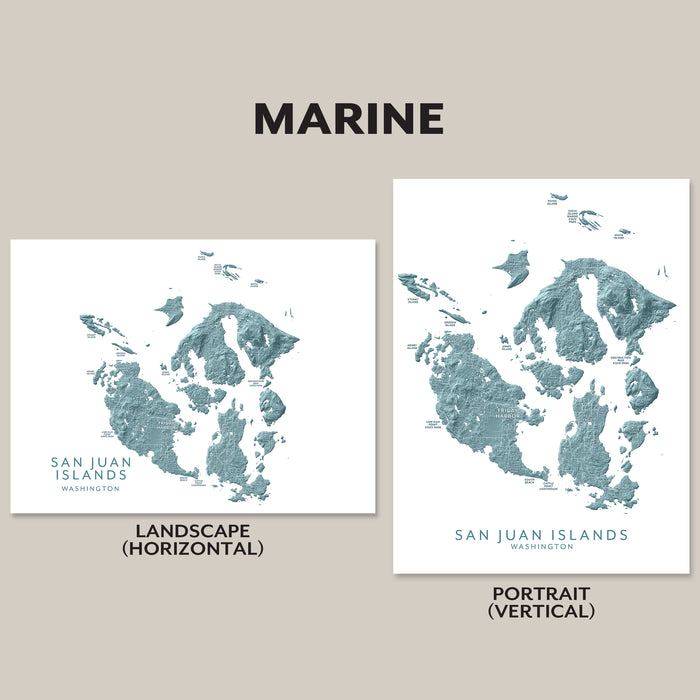 Two map prints of San Juan Islands, Washington, one in landscape and one in portrait orientation, on a beige background.