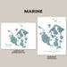 Two map prints of San Juan Islands, Washington, one in landscape and one in portrait orientation, on a beige background.