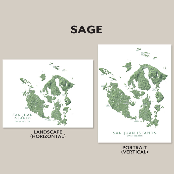 Two maps of San Juan Islands, Washington, displayed side by side with 'SAGE' branding.