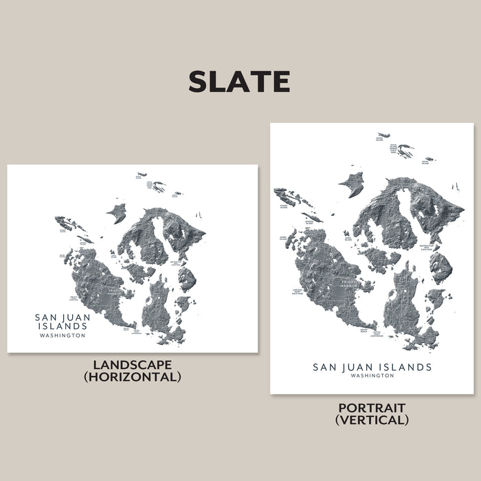 Two map prints of San Juan Islands, Washington on a beige background with 'Slate' text.