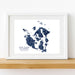 Framed map of San Juan Islands, Washington on a white wall.