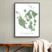 Framed map of San Juan Islands on a wall above a wooden bench.