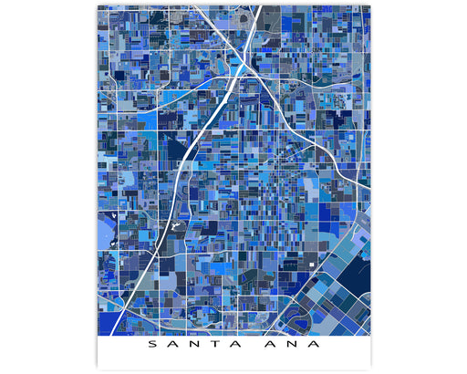 Santa Ana, California map art print in blue shapes designed by Maps As Art.