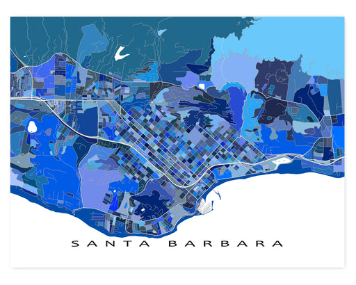 Santa Barbara, California map art print in blue shapes designed by Maps As Art.