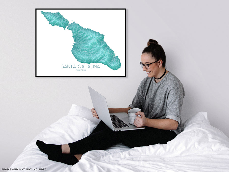 Santa Catalina island California map print with a turquoise topographic landscape design by Maps As Art.