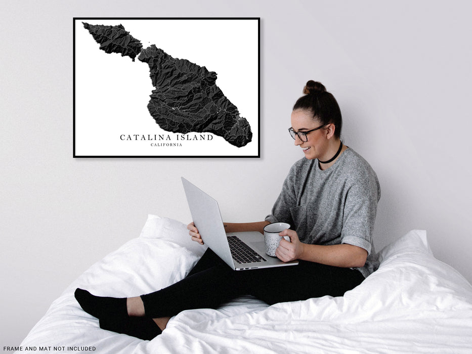 Santa Catalina island map print with a black and white topographic landscape design by Maps As Art.