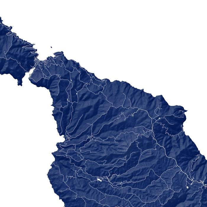 Topographic map of a region with blue color and white lines indicating boundaries or roads.
