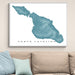 Framed map of Santa Catalina on a wall above a beige sofa with light blue pillows.