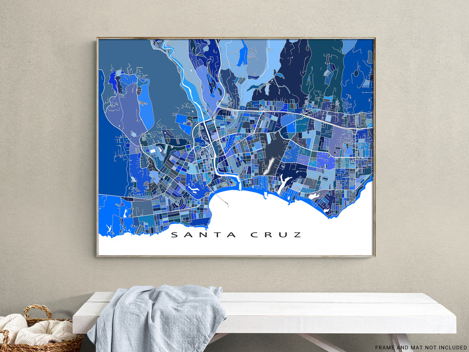 Santa Cruz, California map art print in blue shapes designed by Maps As Art.