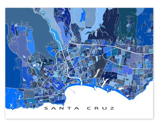 Santa Cruz, California map art print in blue shapes designed by Maps As Art.