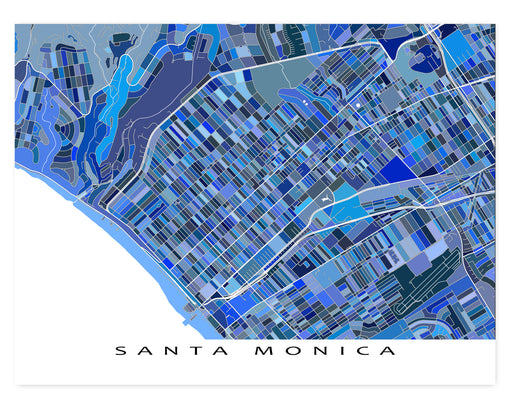 Santa Monica, California map art print in blue shapes designed by Maps As Art.