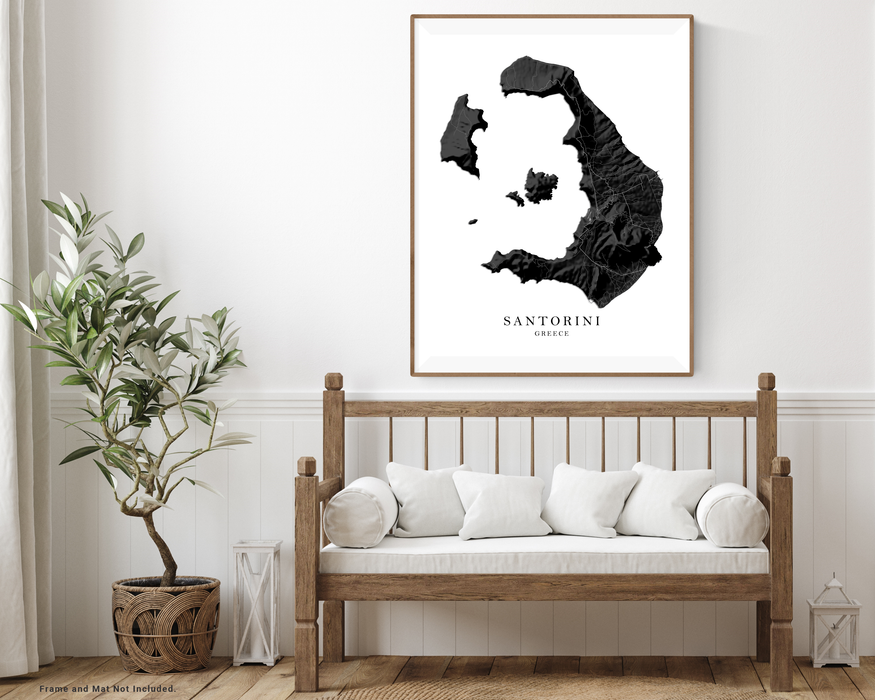 Santorini or Thira, Greek islands, Greece map print with a black and white landscape design by Maps As Art.