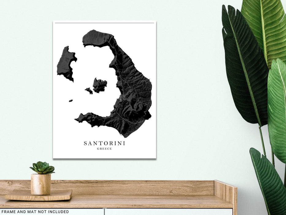 Santorini or Thira, Greek islands, Greece map print with a black and white landscape design by Maps As Art.