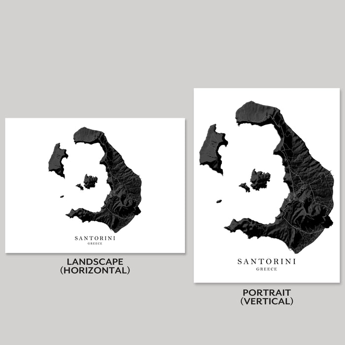 Two black and white maps of Santorini, Greece, one in landscape and one in portrait orientation on a gray background.