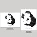 Two black and white maps of Santorini, Greece, one in landscape and one in portrait orientation on a gray background.