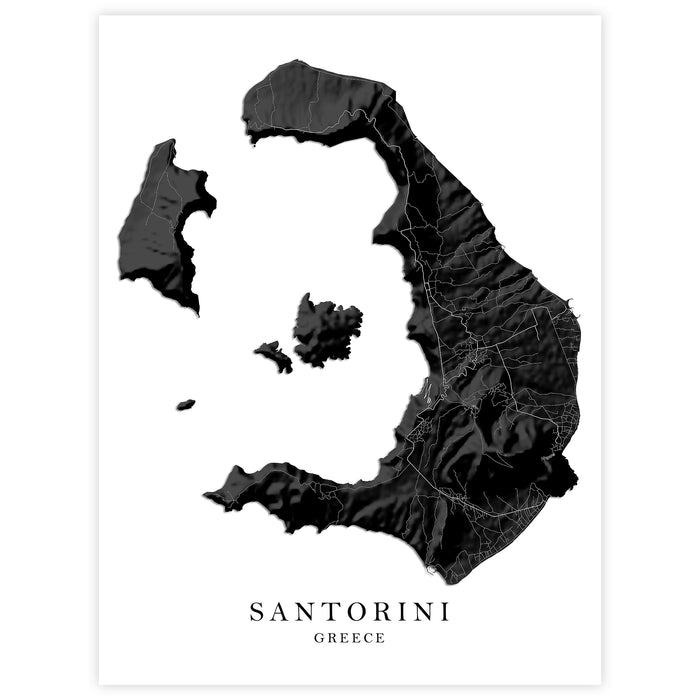 Map of Santorini, Greece in black on a white background