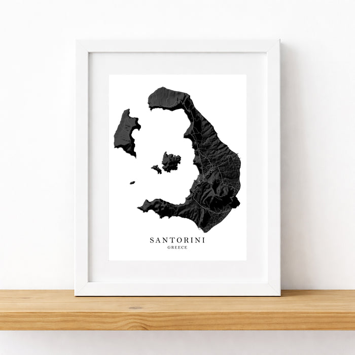 Framed map of Santorini, Greece on a white background