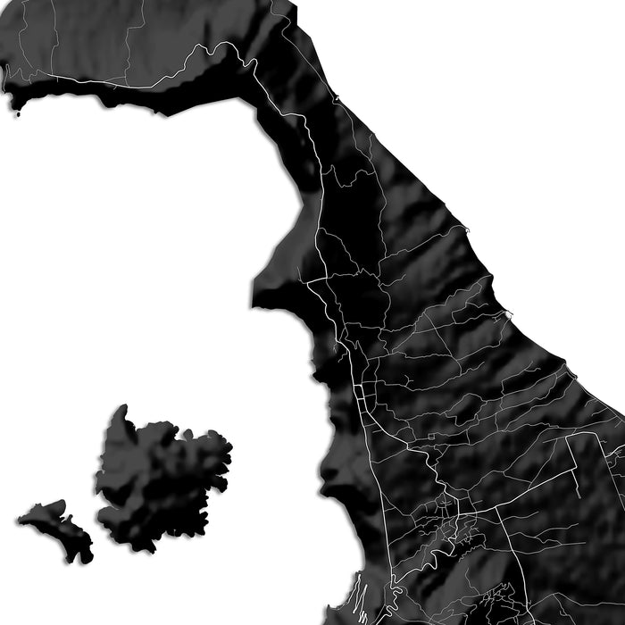 Topographic map of a coastal region with island, rendered in black and white.