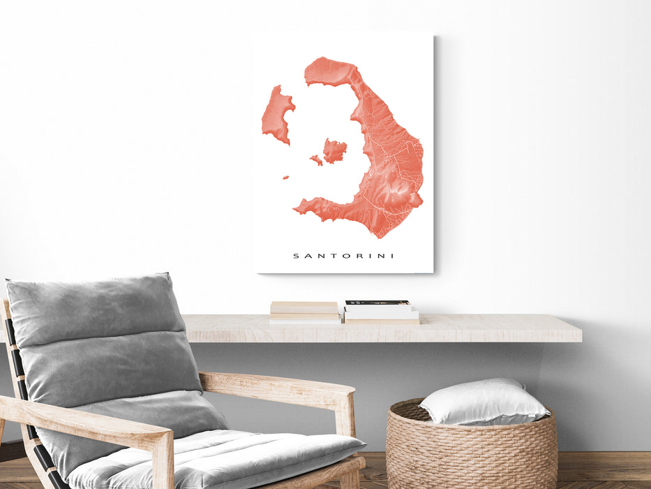 Santorini, Greece map print with natural island landscape and main roads designed by Maps As Art.