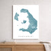 Map of Santorini on a white wall above a wooden shelf.