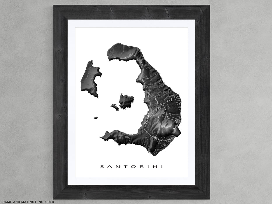 Santorini, Greece map print with natural island landscape and main roads designed by Maps As Art.