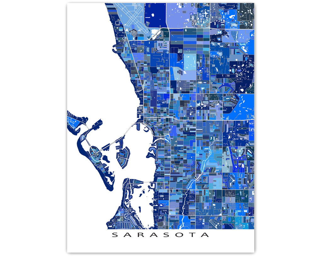 Sarasota FL Map Print, Blue Geometric Florida City Wall Art Poster Road  Maps, USA, image size:1024x819