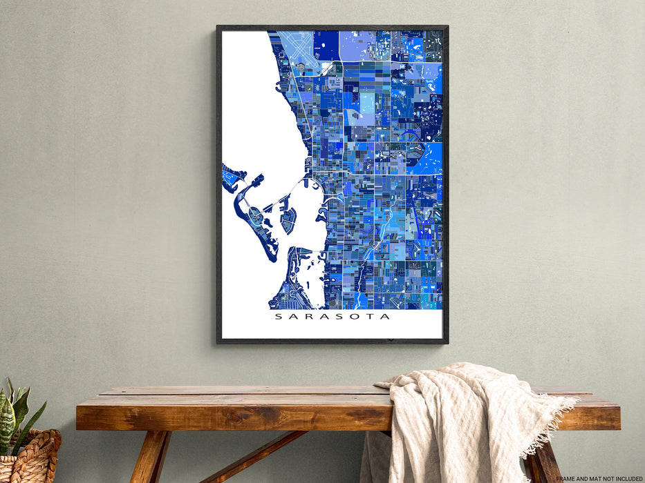 Sarasota, Florida map art print in blue shapes designed by Maps As Art.