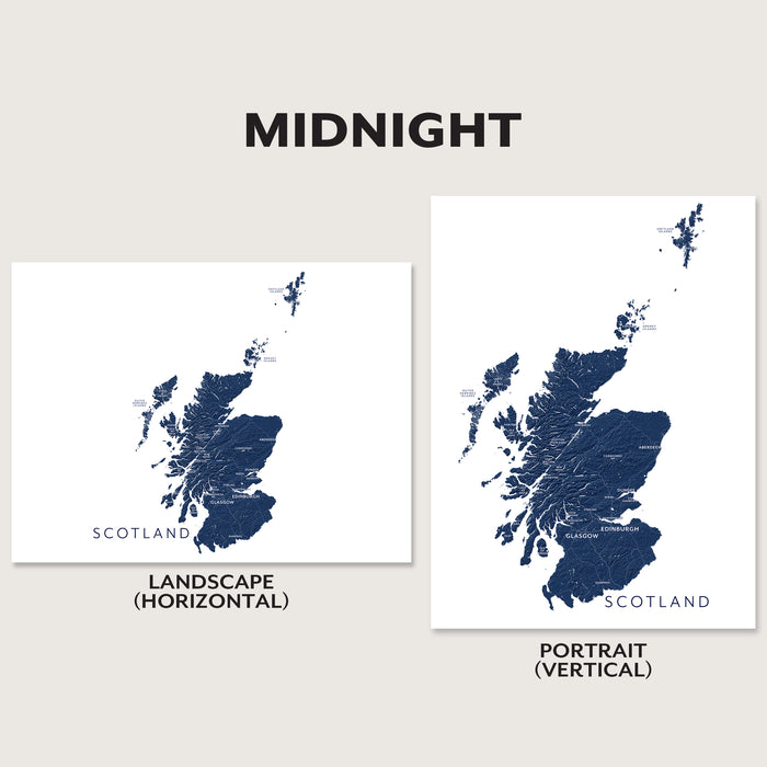 Two map prints of Scotland labeled 'Landscape (Horizontal)' and 'Portrait (Vertical)' on a light gray background.