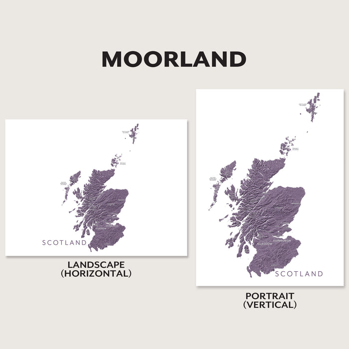 Two maps of Scotland with 'Moorland' branding on a light gray background.