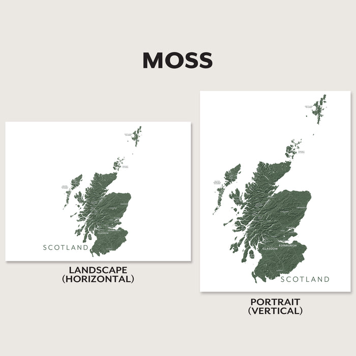 Two map prints of Scotland labeled 'Landscape (Horizontal)' and 'Portrait (Vertical)' on a light gray background.