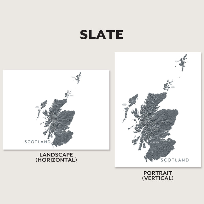 Two maps of Scotland in slate color, one landscape and one portrait orientation, on a light gray background.